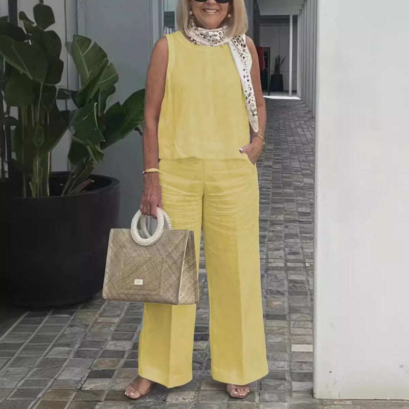 Women’s Two-Piece Set – Relaxed Fit – Cotton Linen – Sleeveless Top – Wide-Leg Trousers