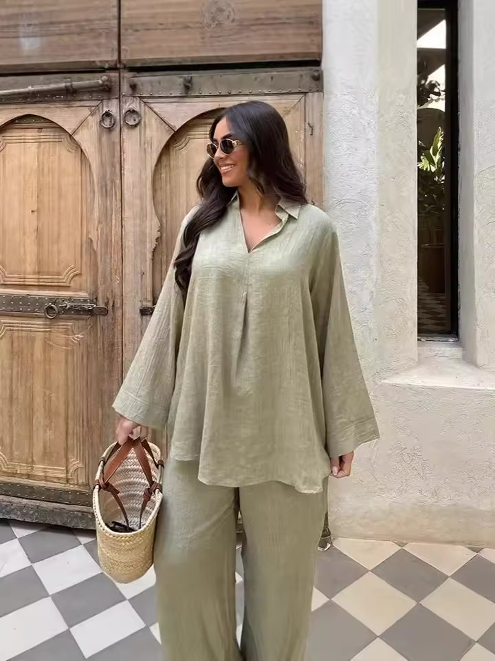 Women’s Two-Piece Set – Relaxed Fit Lapel Blouse – Wide-Leg Trousers – Cotton Linen