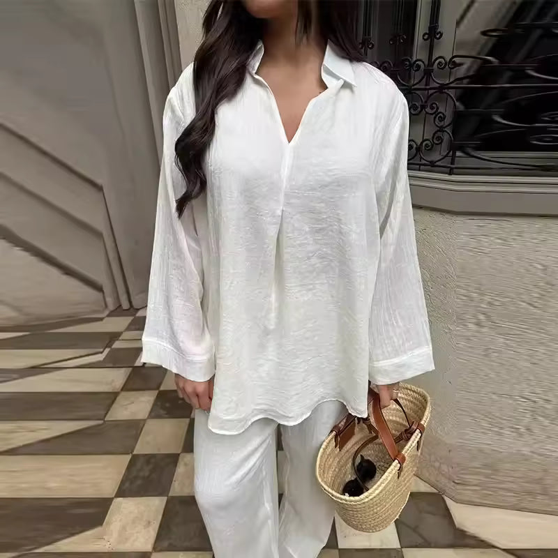 Women’s Two-Piece Set – Relaxed Fit Lapel Blouse – Wide-Leg Trousers – Cotton Linen