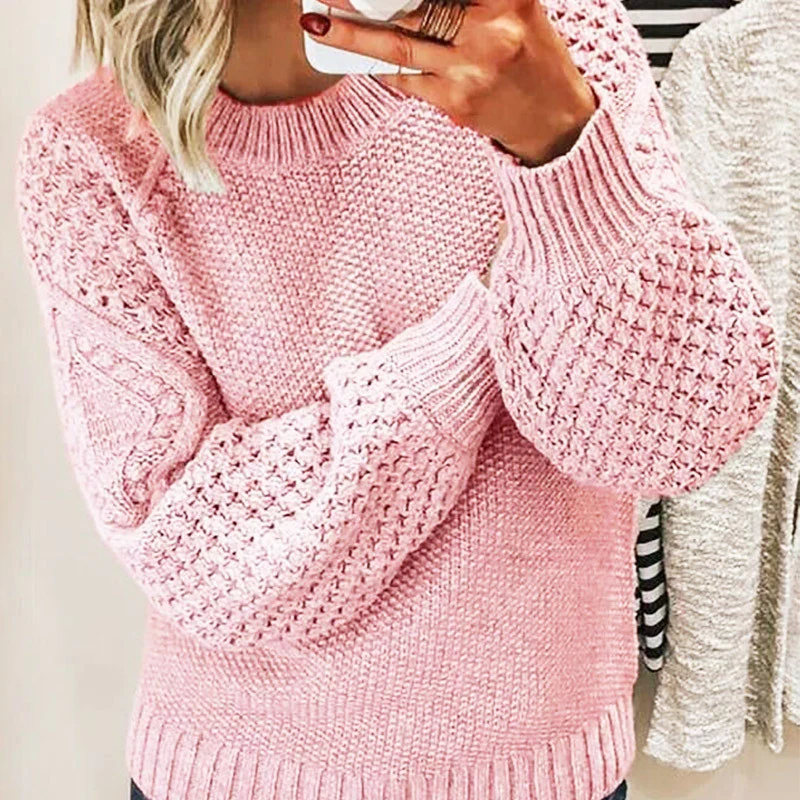 Women’s Knit Sweater – Wool Blend – Oversized Fit – Cable Knit – Crew Neck – Ribbed Hem