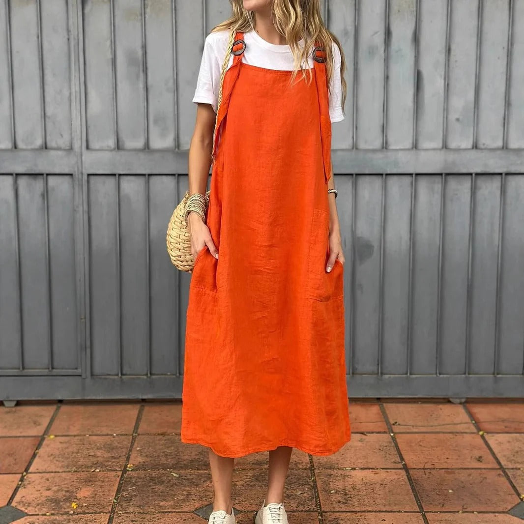 Women’s Midi Dress – Relaxed Fit – Adjustable Straps – Front Pockets