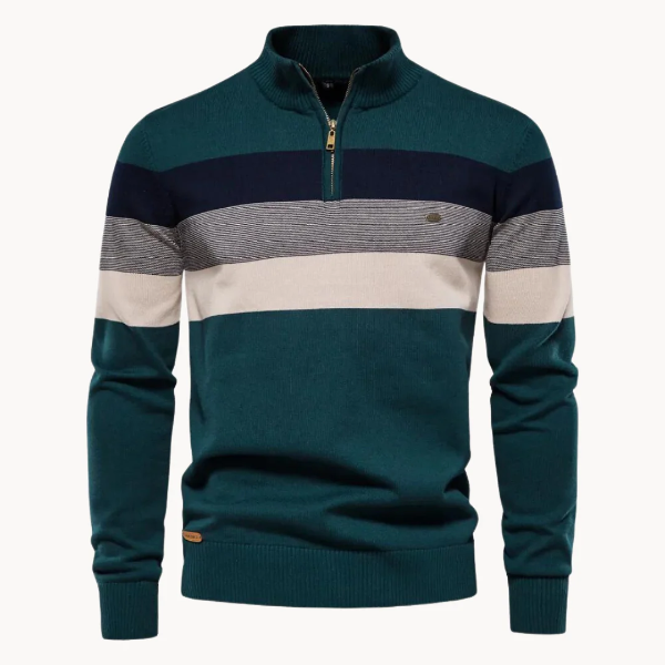 Men’s Quarter-Zip Sweater – Slim Fit – Wool Blend Knit – Ribbed Trim – Striped Chest