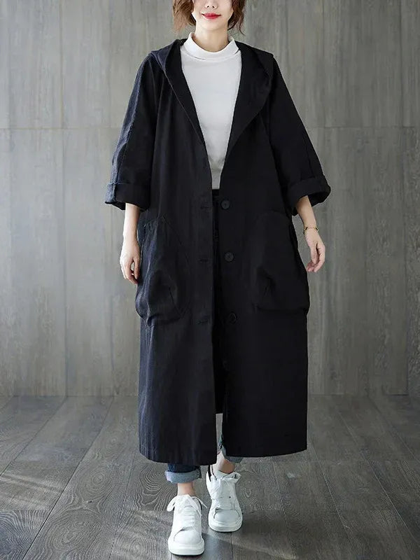 Women’s Trench Coat – Oversized Fit – Water-Repellent – Hooded – Longline Casual Style