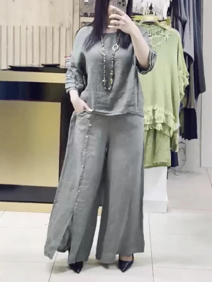 Women’s Two-Piece Set – Linen – Relaxed Fit Top – Wide-Leg Trousers with Button Detail