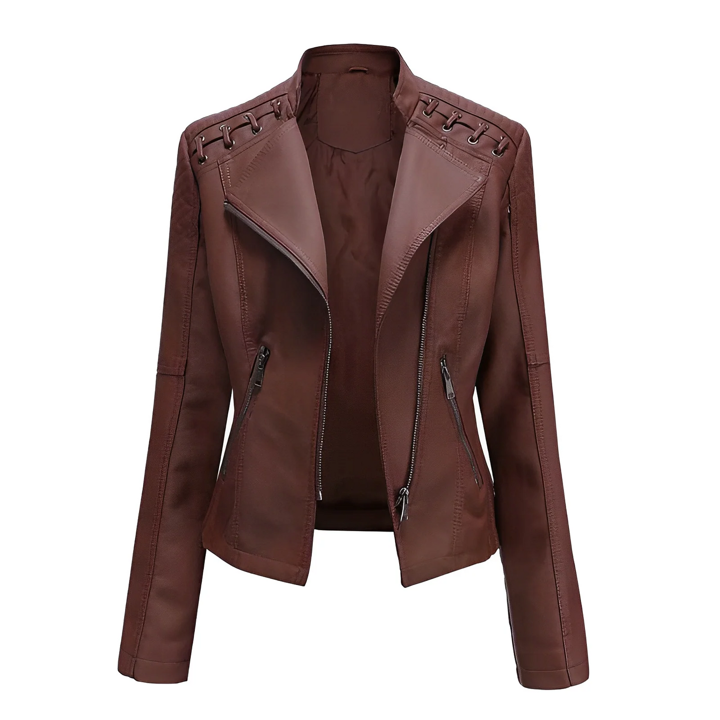 Women’s Leather Jacket – Tailored Fit – Asymmetrical Zip – Quilted Shoulders – Laced Detail