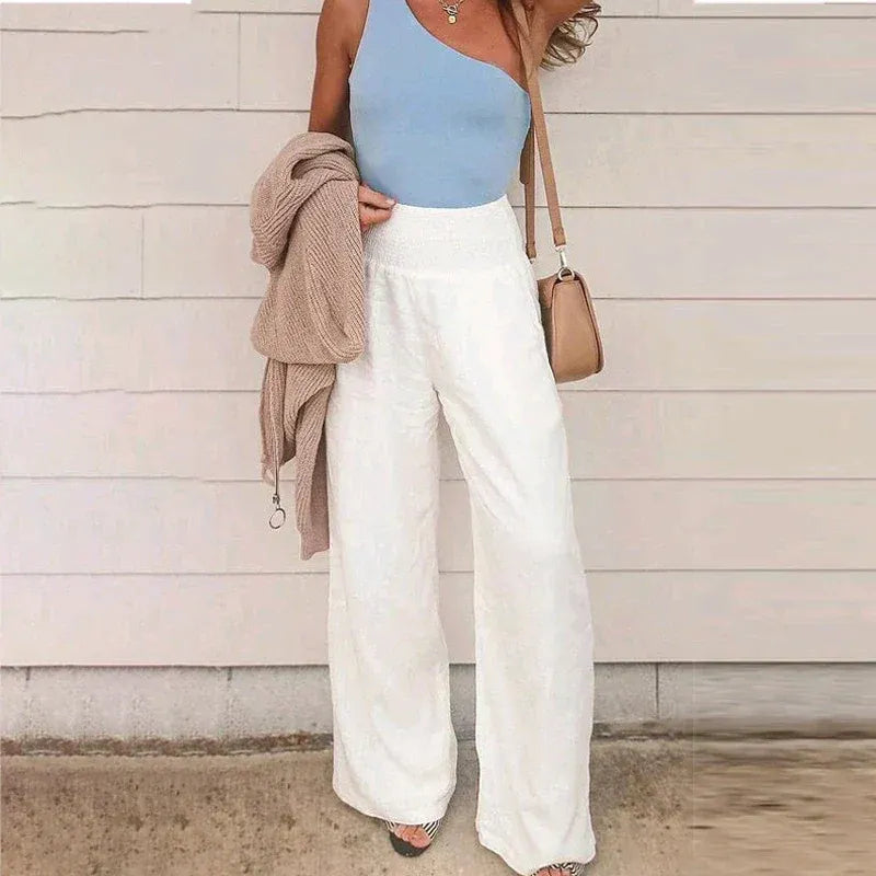 Women’s Wide-Leg Trousers – High Elastic Waist – Linen – Relaxed Full-Length Fit
