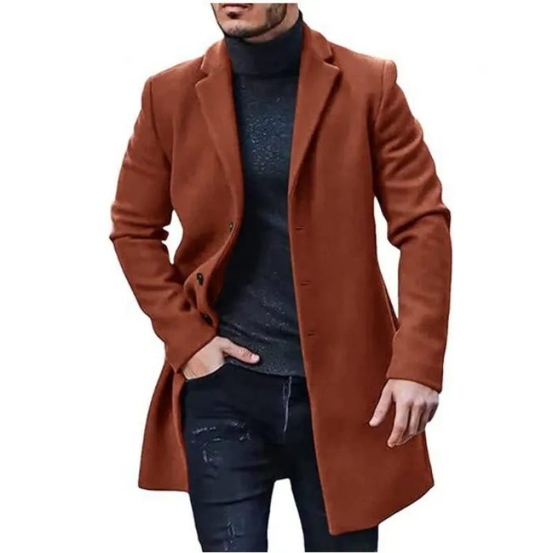Men’s Overcoat – Tailored Fit – Wool Blend – Mid-Length – Button Front – Notched Lapel