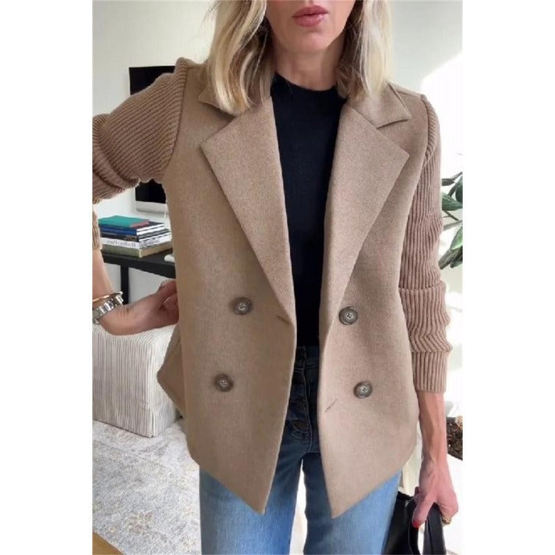 Women’s Wool Coat – Tailored Fit – Double-Breasted – Ribbed Sleeves – Lapel Collar