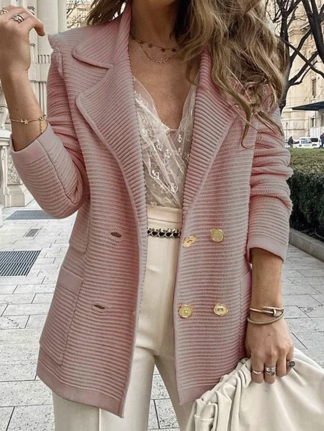 Women’s Tailored Jacket – Structured Fit – Ribbed Texture – Double-Breasted – Lapel Collar