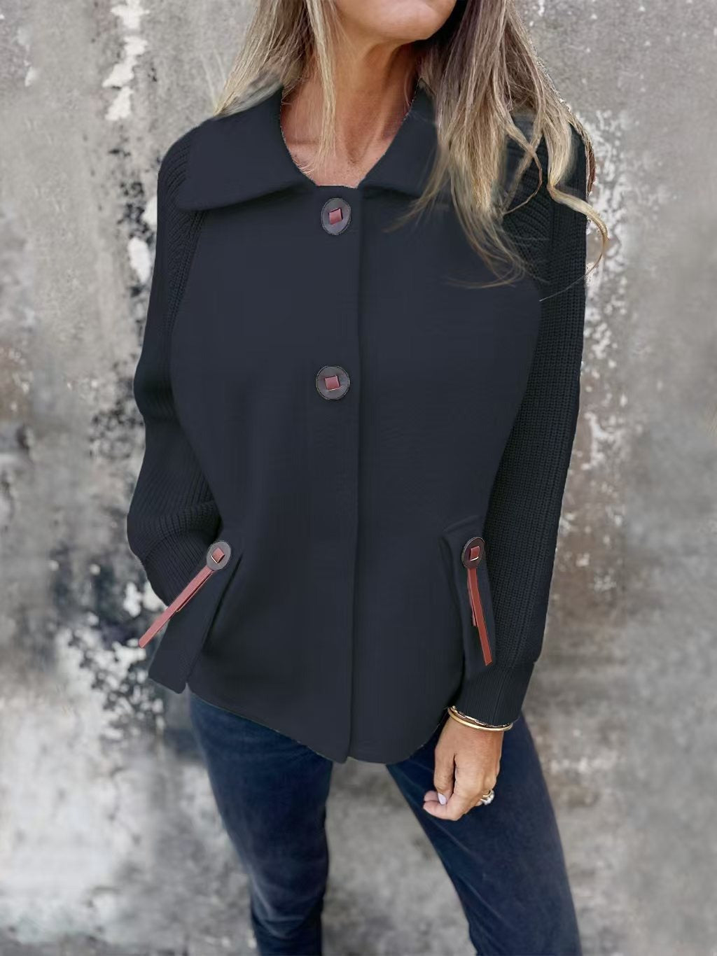 Women’s Jacket – Relaxed Fit – Wool Blend – Ribbed Sleeves – Wide Collar – Button Front