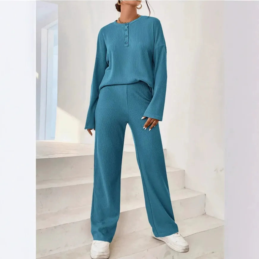 Women’s Loungewear Set – Ribbed Knit – Relaxed Fit Henley Top – Full-Length Pants