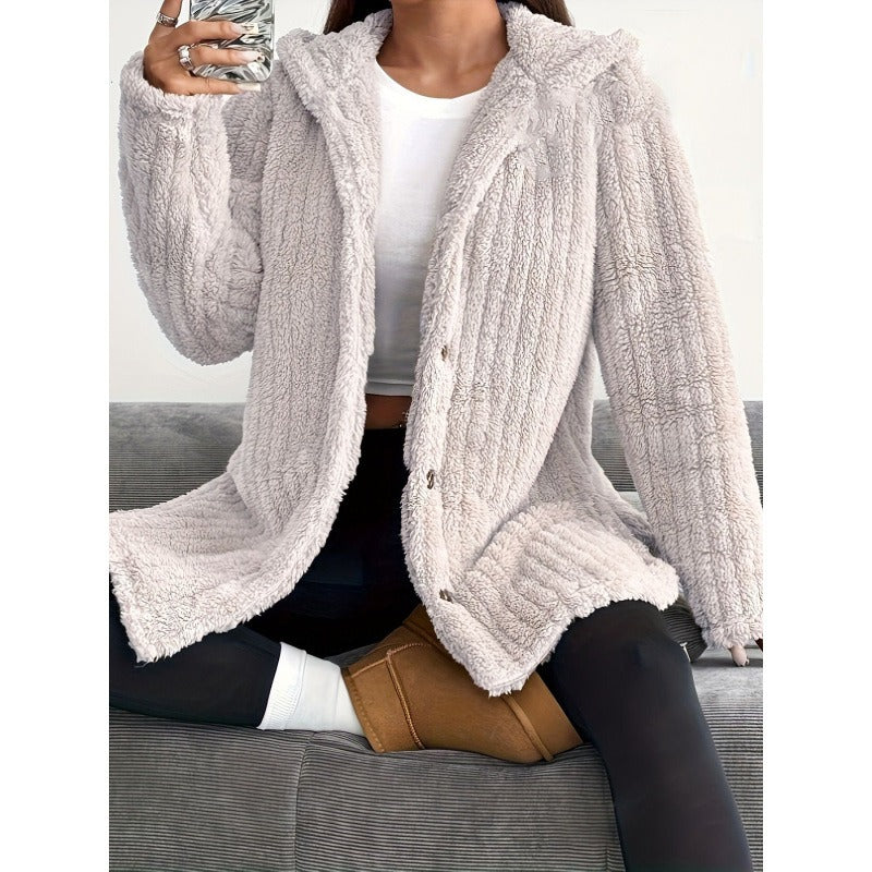 Women’s Coat – Oversized Fit – Plush Ribbed Texture – Hooded – Button Front Casual Layer