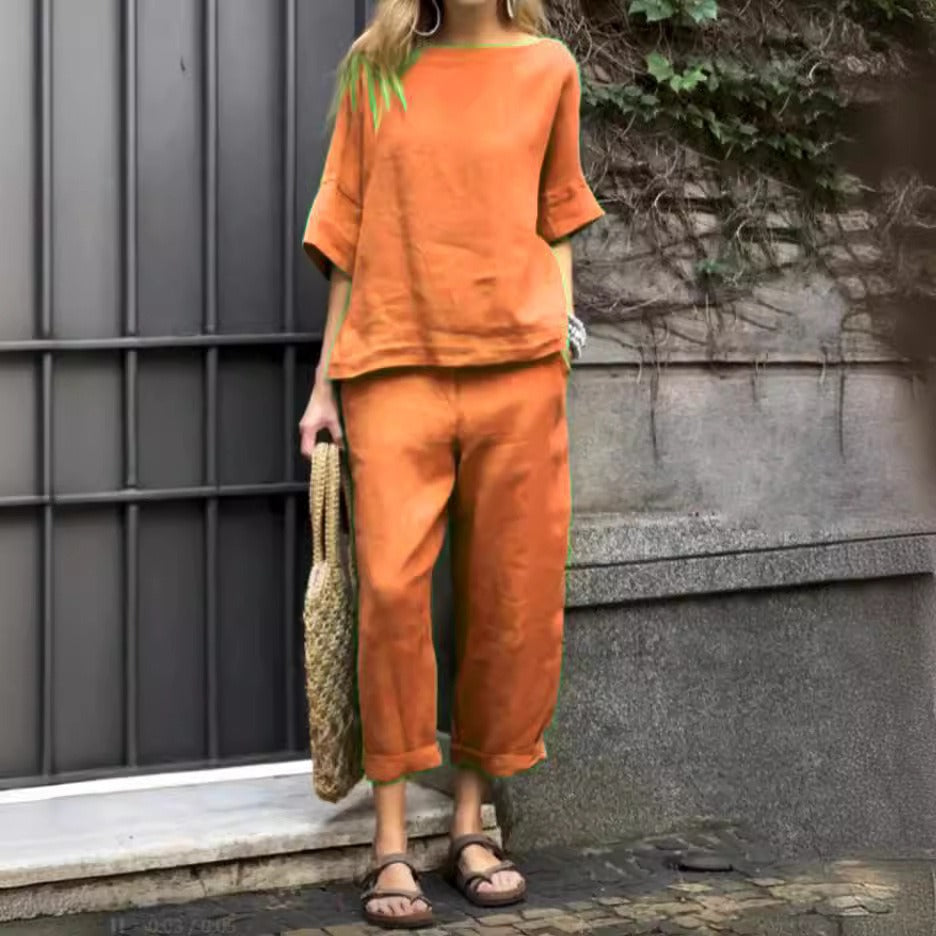 Women’s Trousers Suit – Relaxed Fit – Cotton Linen – Round Neck Top – Cropped Leg