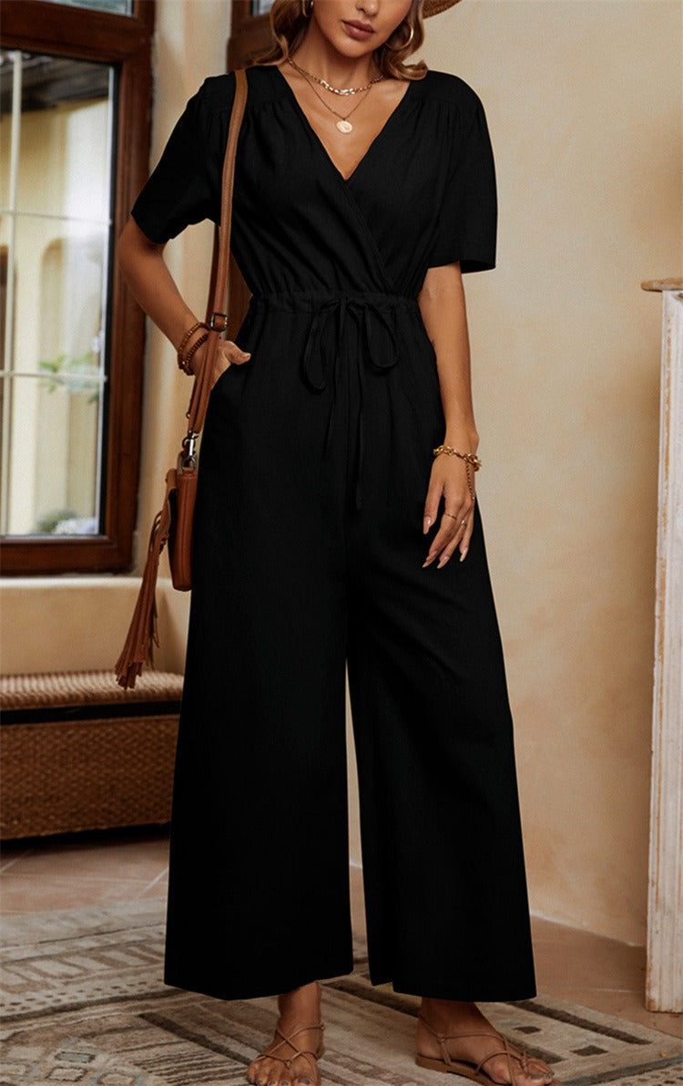 Women’s Jumpsuit – V-Neck – Cinched Waist – Cotton Linen – Short Sleeve – Full Length