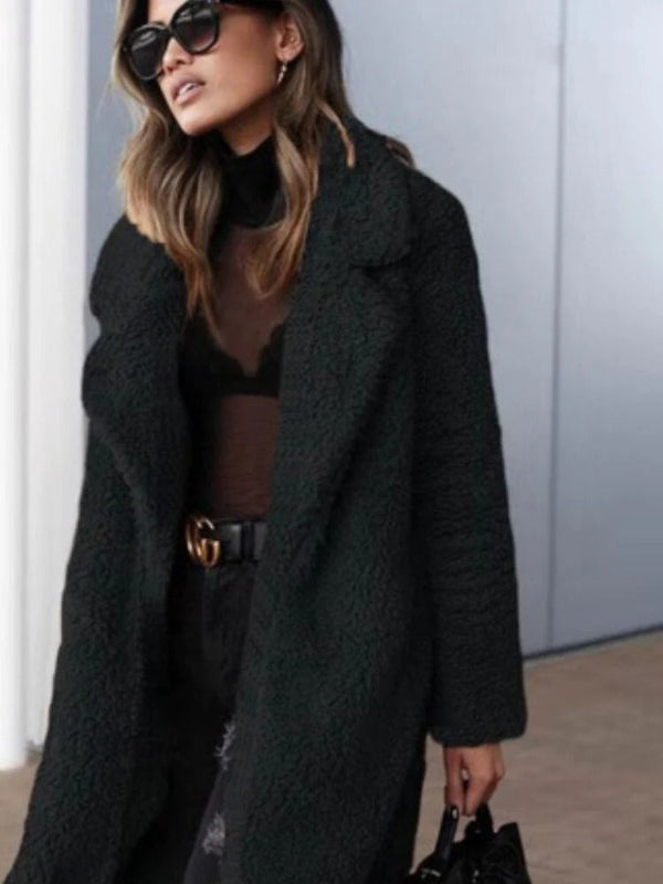 Women’s Teddy Coat – Oversized Fit – Long Length – Soft Textured – Lapel Collar