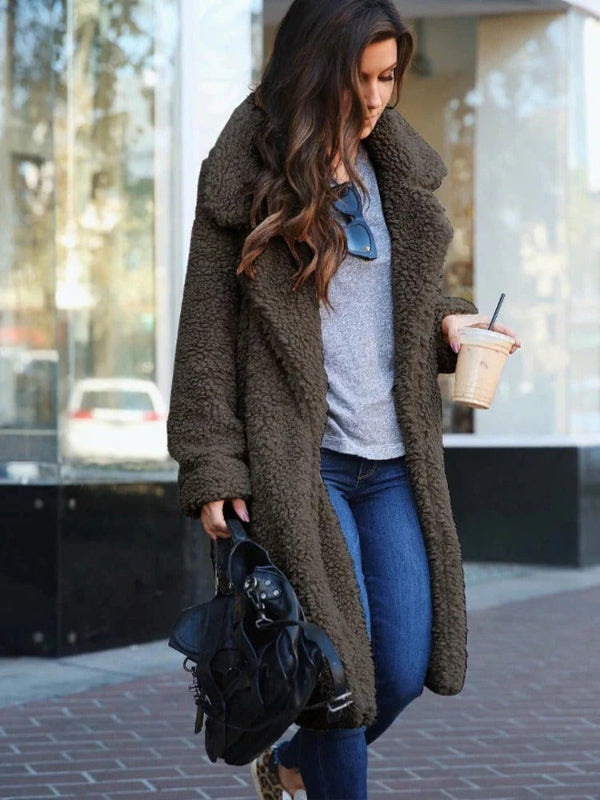 Women’s Teddy Coat – Oversized Fit – Long Length – Soft Textured – Lapel Collar
