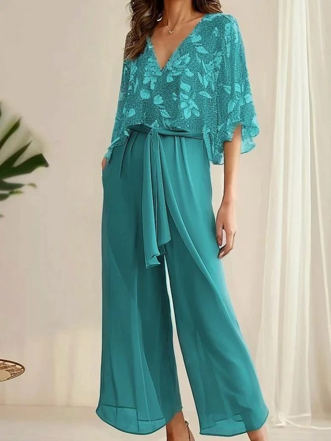 Women’s Two-Piece Set – V-Neck Top with Loose Sleeves – Wide-Leg Trousers with Tie Waist