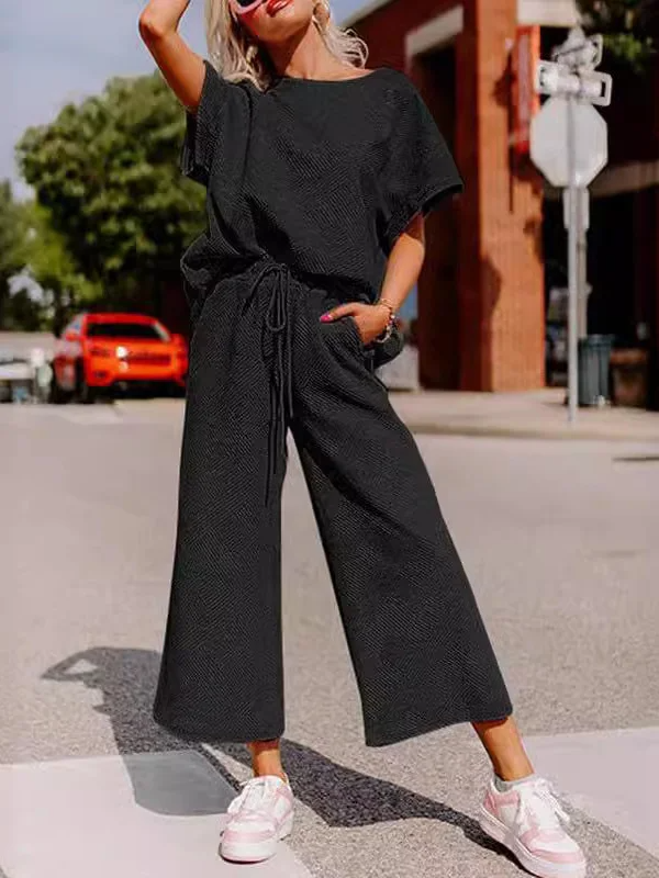 Women’s Two-Piece Set – Soft Knit – Relaxed Fit – Short Sleeve Top and Wide-Leg Trousers