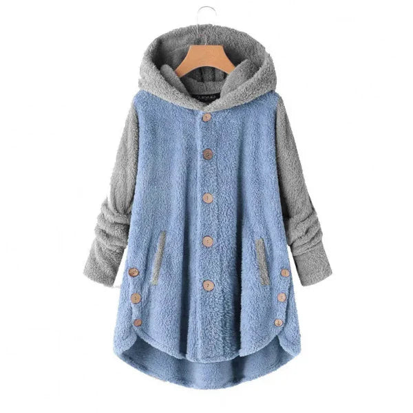 Women’s Hooded Coat – Oversized Fit – Fuzzy Fleece – Button Front – Asymmetrical Hem