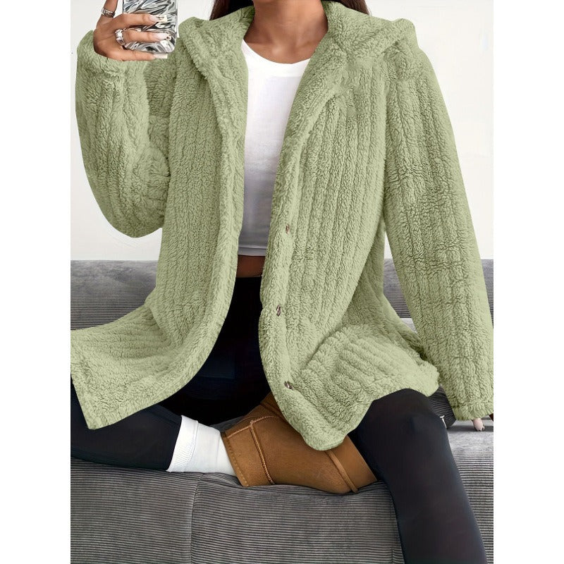 Women’s Coat – Oversized Fit – Plush Ribbed Texture – Hooded – Button Front Casual Layer