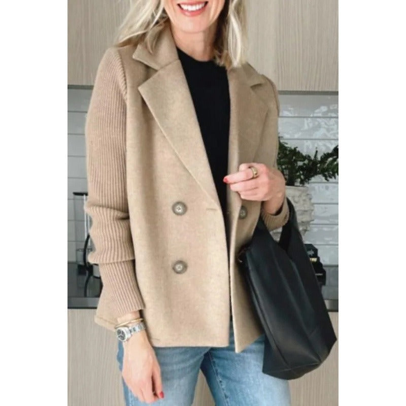 Women’s Wool Coat – Tailored Fit – Double-Breasted – Ribbed Sleeves – Lapel Collar