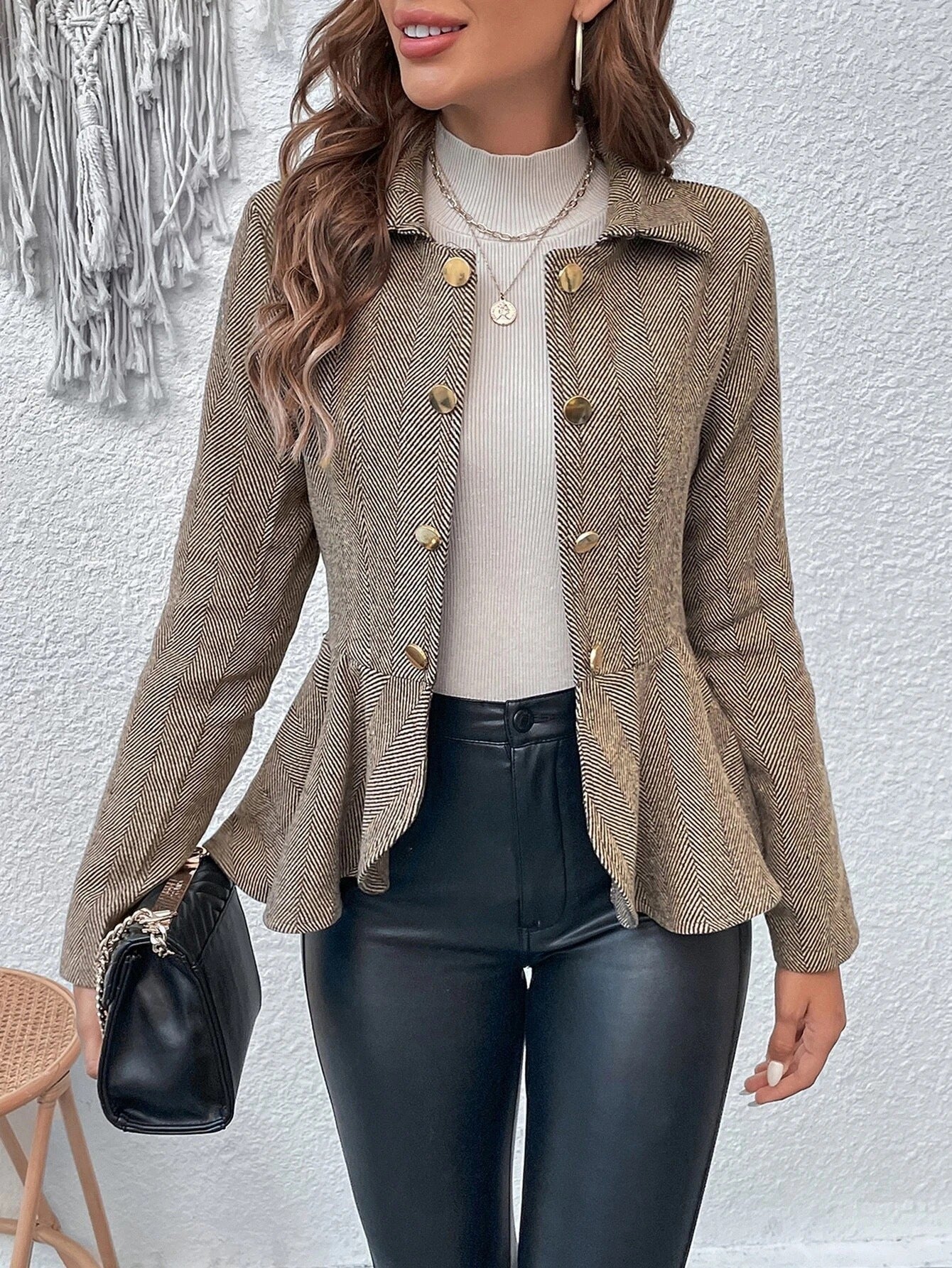 Women’s Suit Jacket – Slim Fit – Jacquard – Double-Breasted – Peplum Hem