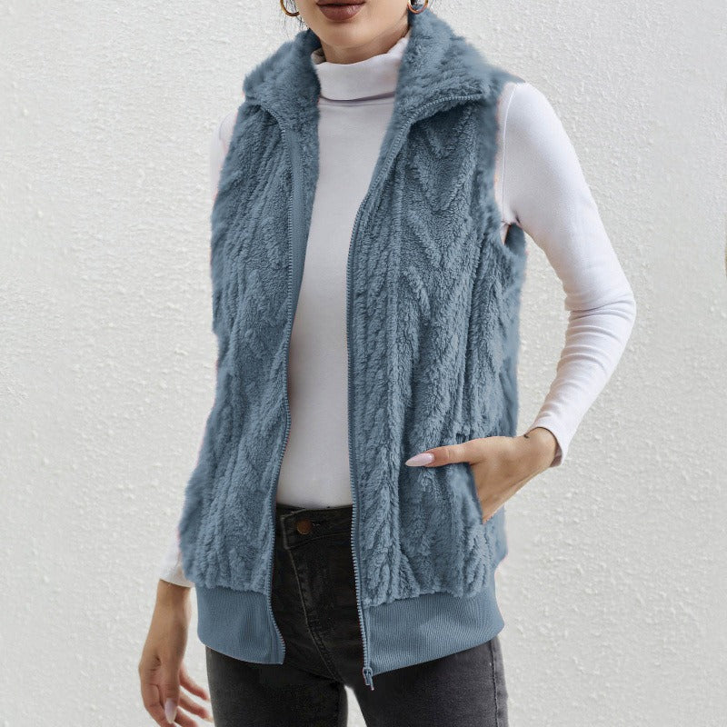Women’s Sleeveless Vest – Jacquard Fleece – Zip Front – High Collar – Relaxed Fit