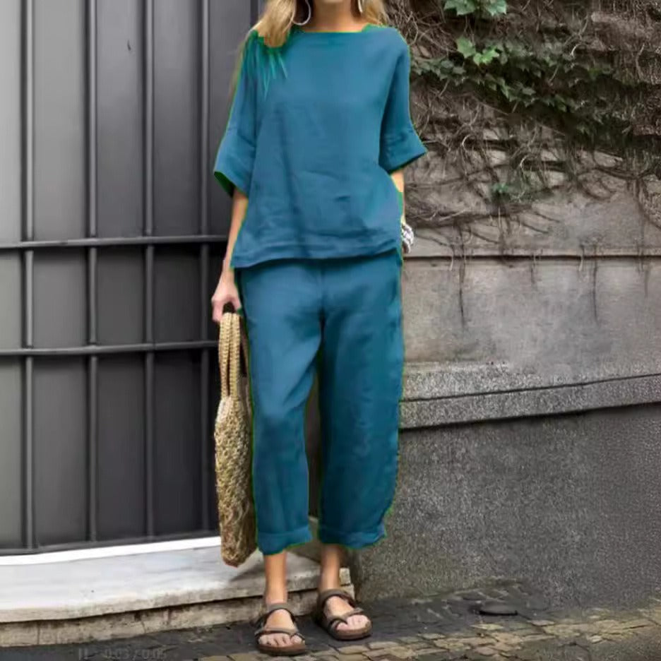 Women’s Trousers Suit – Relaxed Fit – Cotton Linen – Round Neck Top – Cropped Leg