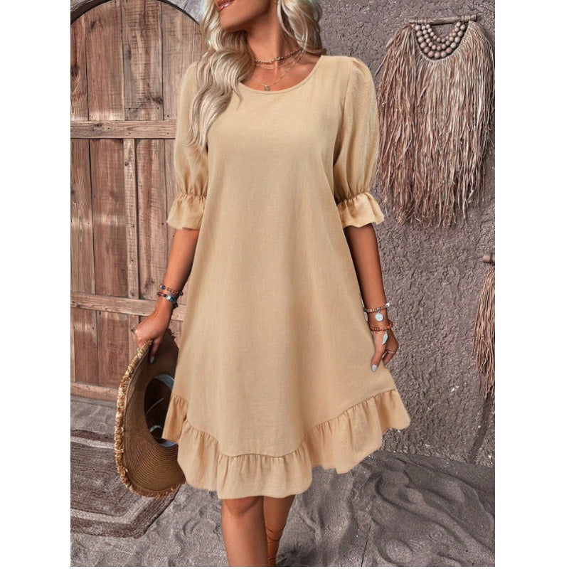 Women’s A-Line Dress – Relaxed Fit – Cotton Linen – Ruffle Trim – Midi Length