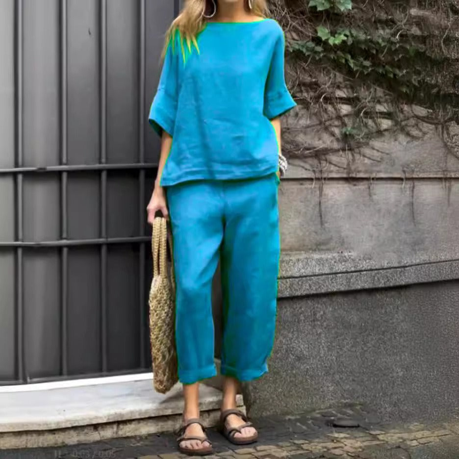 Women’s Trousers Suit – Relaxed Fit – Cotton Linen – Round Neck Top – Cropped Leg