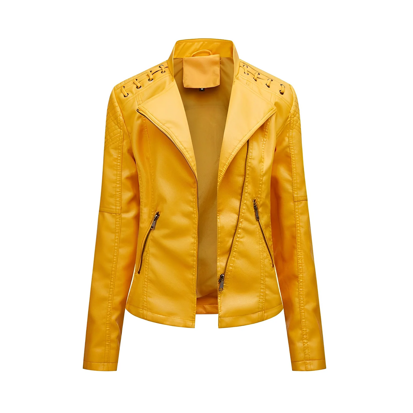 Women’s Leather Jacket – Tailored Fit – Asymmetrical Zip – Quilted Shoulders – Laced Detail