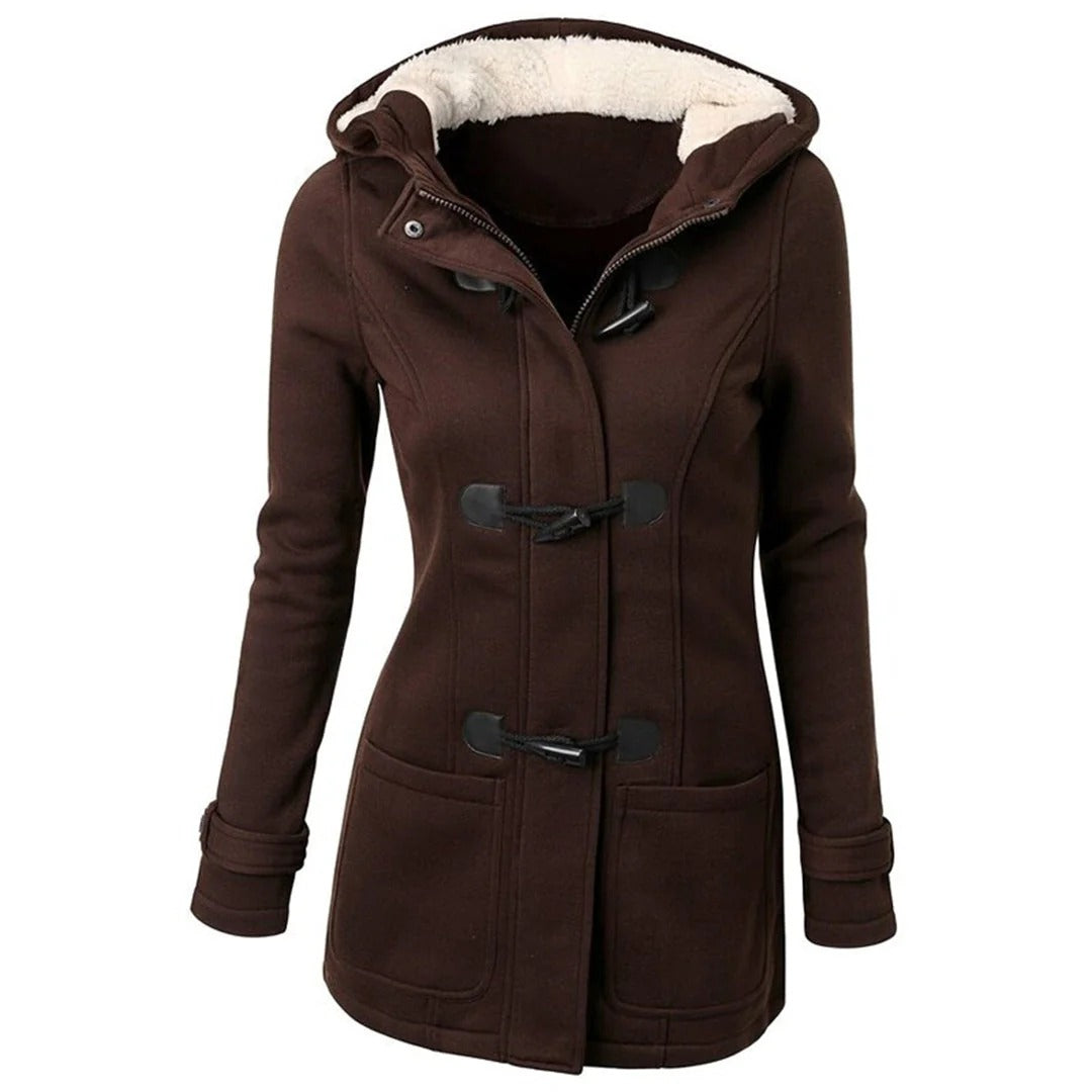 Women’s Long Coat – Tailored Fit – Wool Blend – Hooded with Toggle Fastening