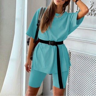 Women’s Two-Piece Set – Relaxed Tunic with Waist Belt – Fitted Cycling Shorts – Jersey Knit