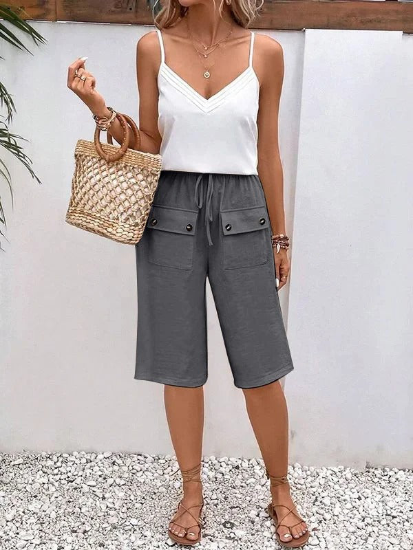 Women’s Knee-Length Trousers – Relaxed Fit – Elastic Waist – Breathable Blend – Pockets