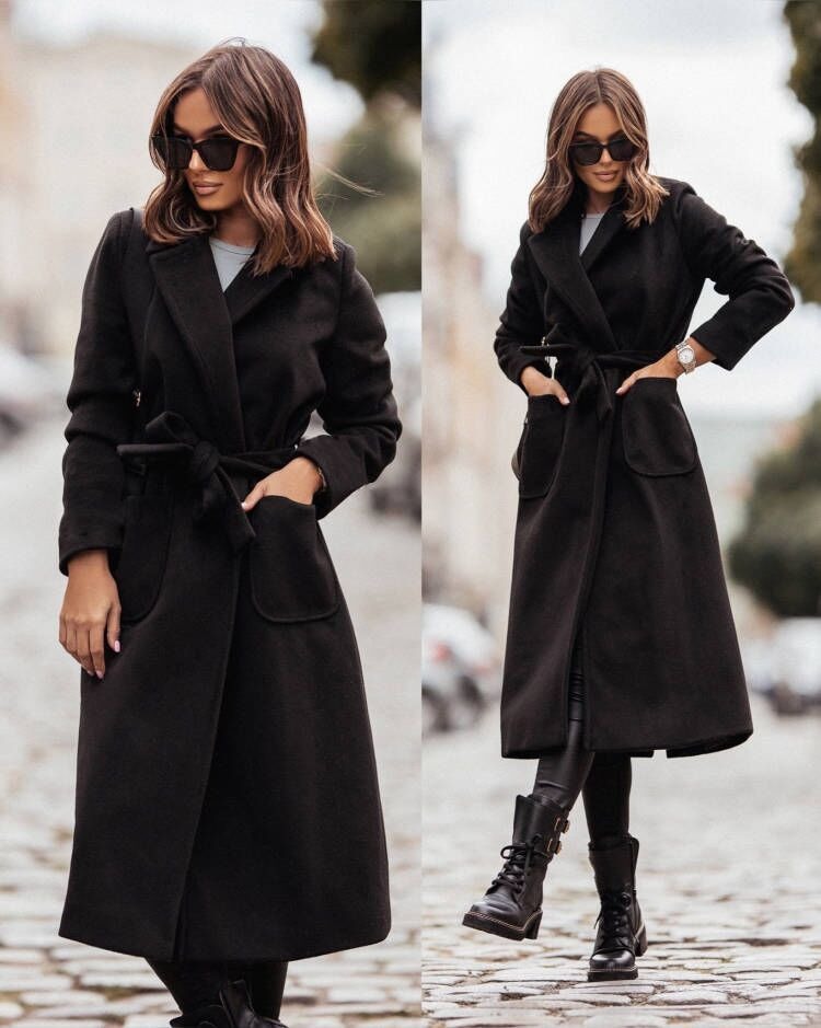 Women’s Double-Breasted Coat – Wool – Tailored Fit – Belted Waist – Mid Length