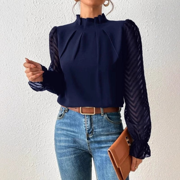 Women’s Long Sleeve Top – Sheer Textured Sleeves – High Neck – Relaxed Fit