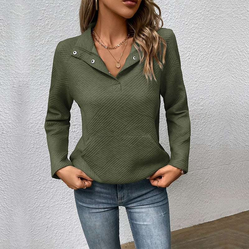 Women’s Sweatshirt – Quilted Fabric – Relaxed Fit – Stand Collar with Snap Buttons