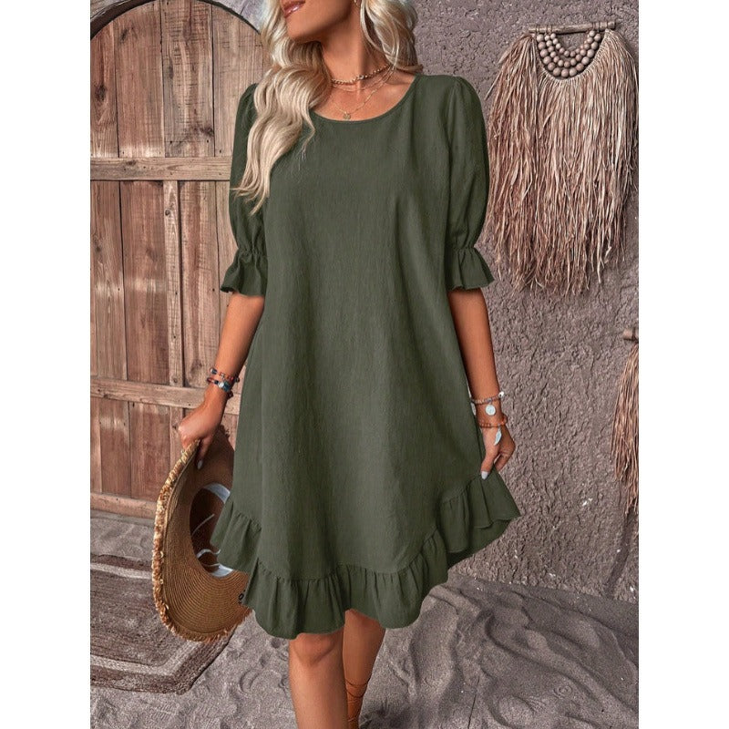 Women’s A-Line Dress – Relaxed Fit – Cotton Linen – Ruffle Trim – Midi Length