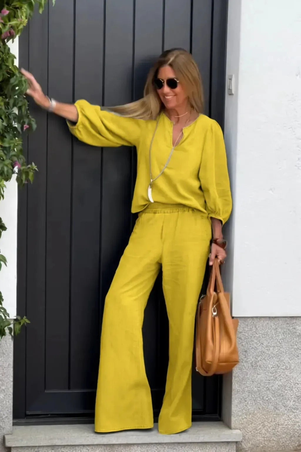 Women’s Top and Pants Set – Cotton Linen – V-Neck – 3/4 Sleeve – Wide-Leg Relaxed Fit