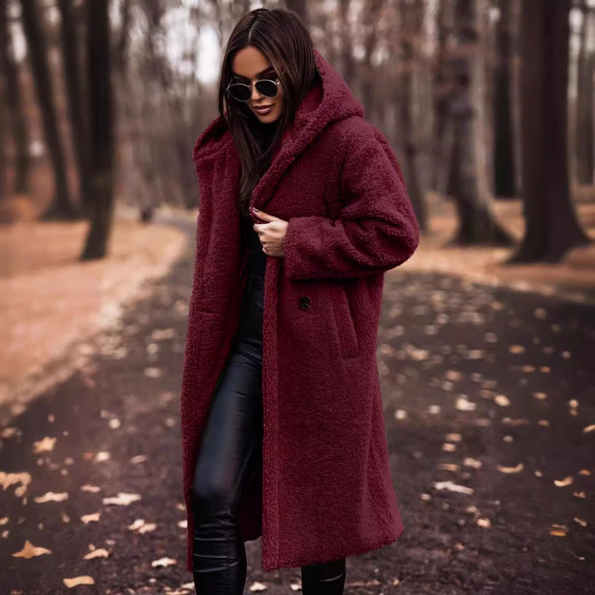 Women’s Wool Coat – Oversized Fit – Full Length – Hooded with Button Fastening