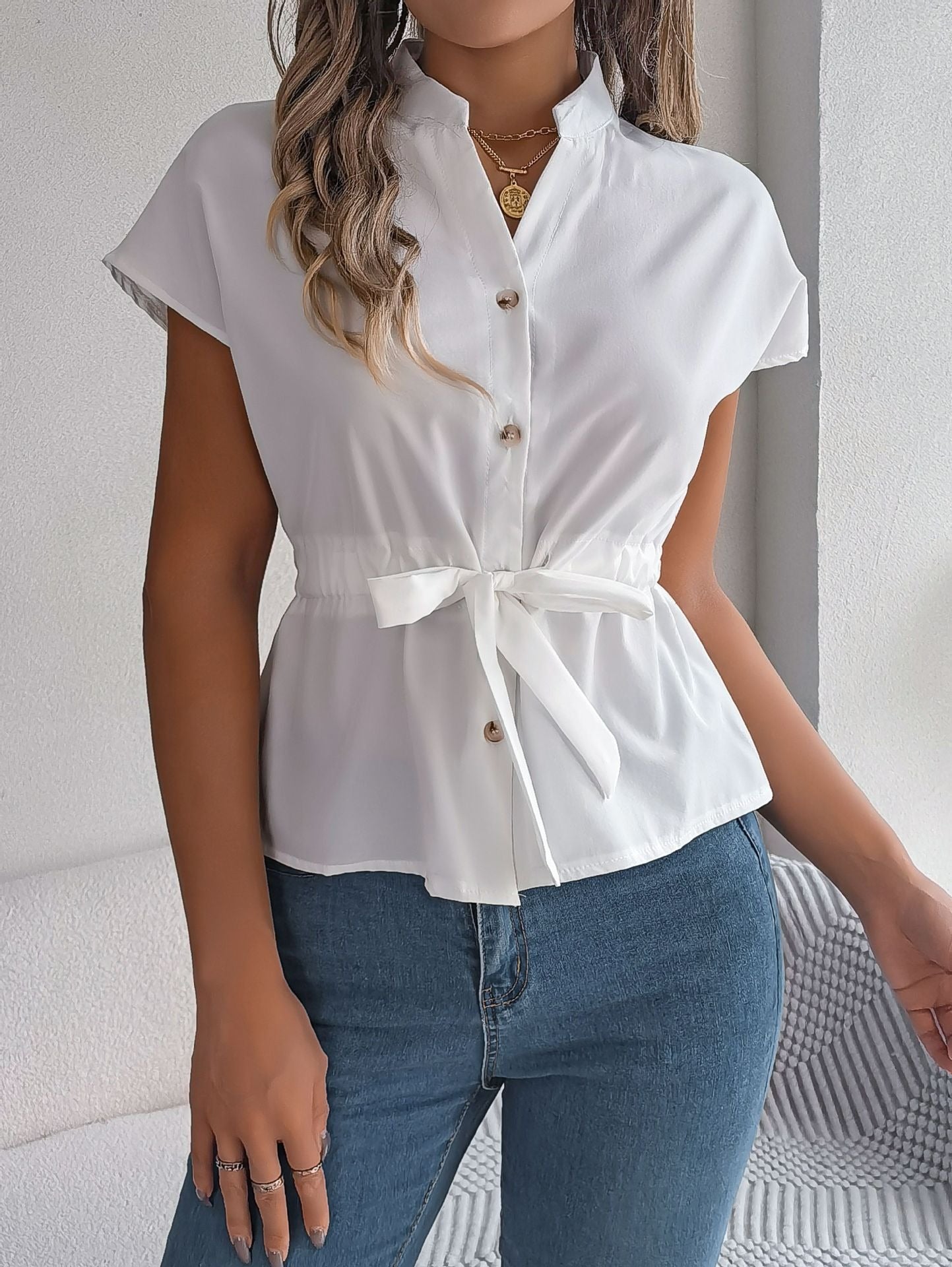 Women’s Blouse – Relaxed Fit – Short Sleeve – V-Neck – Button Front – Waist Tie