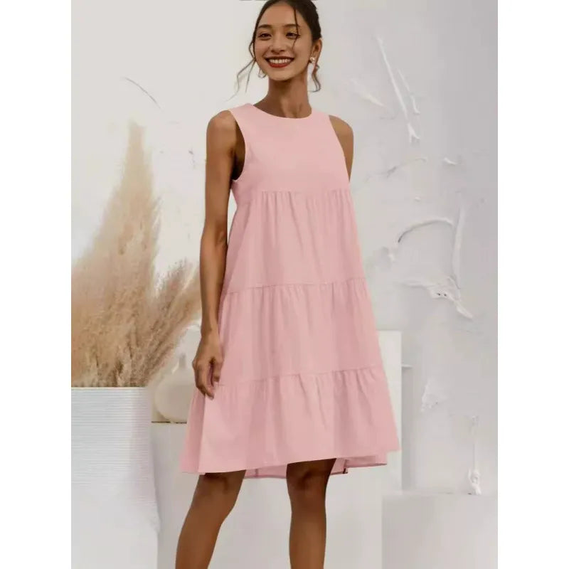 Women’s Midi Dress – Sleeveless Loose Fit – Tiered Ruffle – Cotton Linen Blend