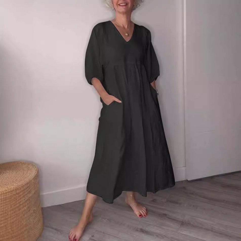 Women’s Midi Dress – Relaxed Fit – A-Line – Cotton Linen – V-Neck – Pockets – Cuffed Sleeves