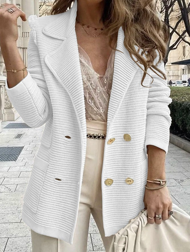 Women’s Tailored Jacket – Structured Fit – Ribbed Texture – Double-Breasted – Lapel Collar