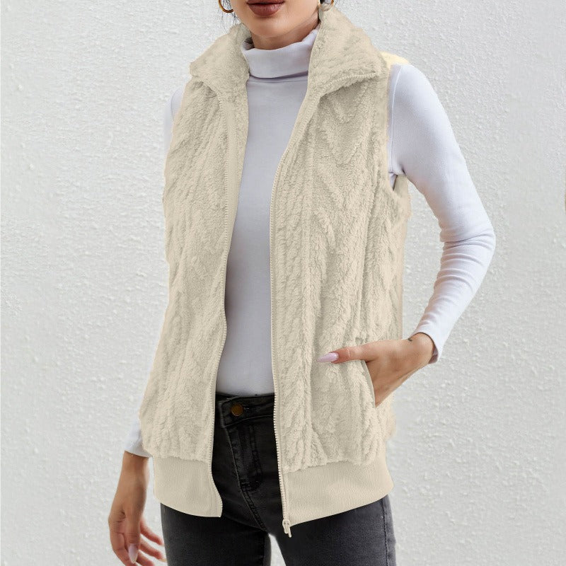Women’s Sleeveless Vest – Jacquard Fleece – Zip Front – High Collar – Relaxed Fit