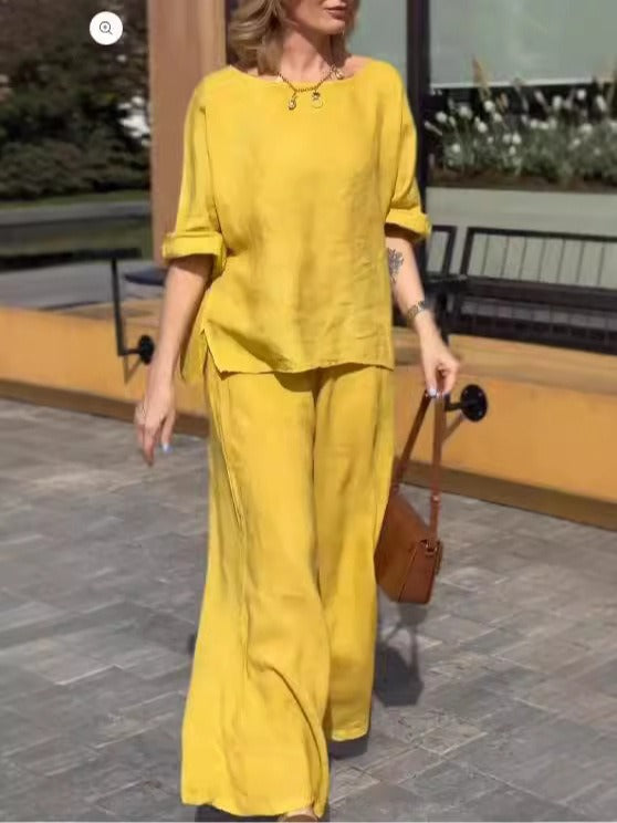 Women’s Two-Piece Set – Relaxed Fit – Cotton Linen – Wide Leg Trousers – Short Sleeve Top