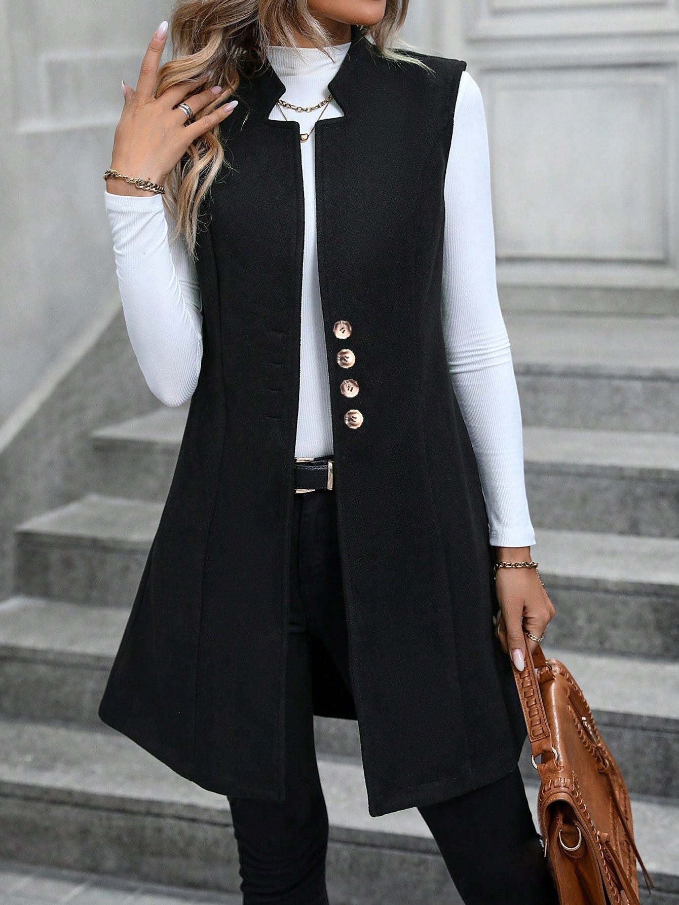 Women’s Sleeveless Vest – Tailored Fit – Wool Blend – High Collar – Button Front