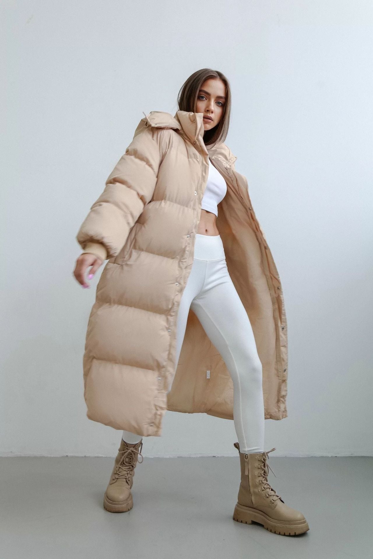 Women’s Long Puffer Trench Coat – Oversized Fit – Quilted Insulated – Hooded Zip Closure