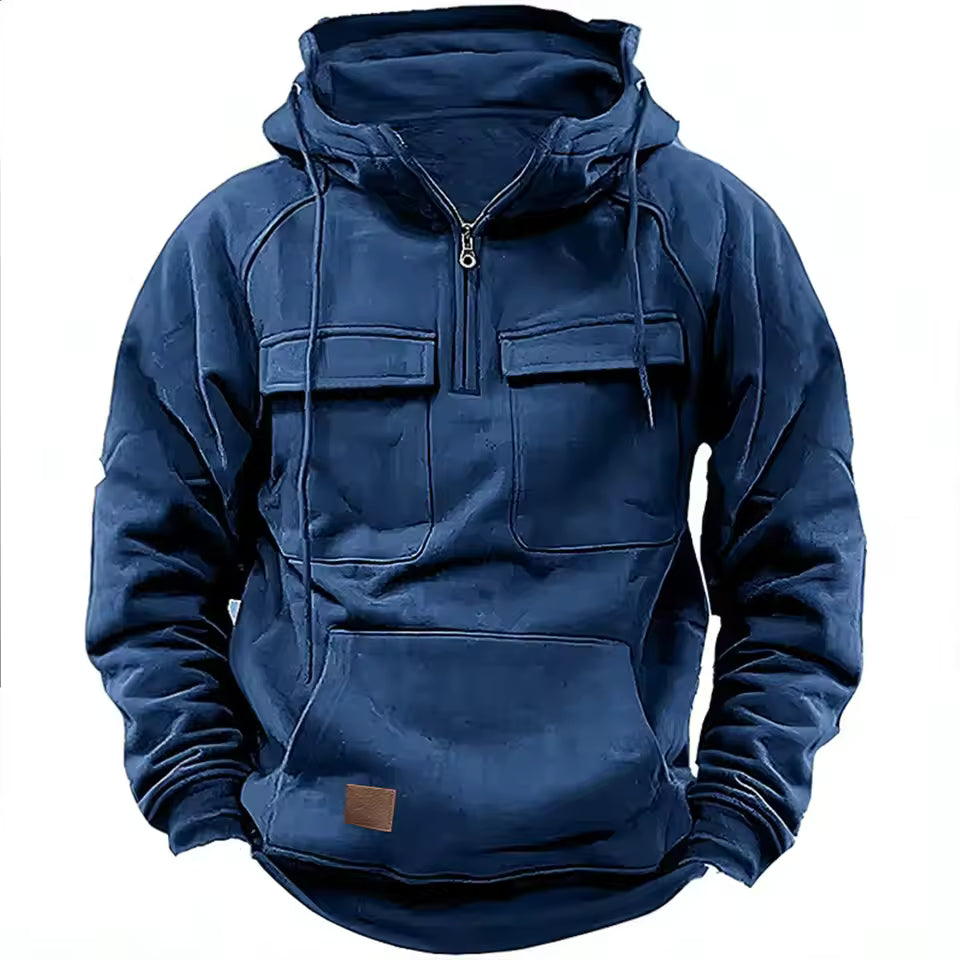 Men’s Hooded Jacket – Relaxed Fit – Leather – Flap Pockets – Zip Front