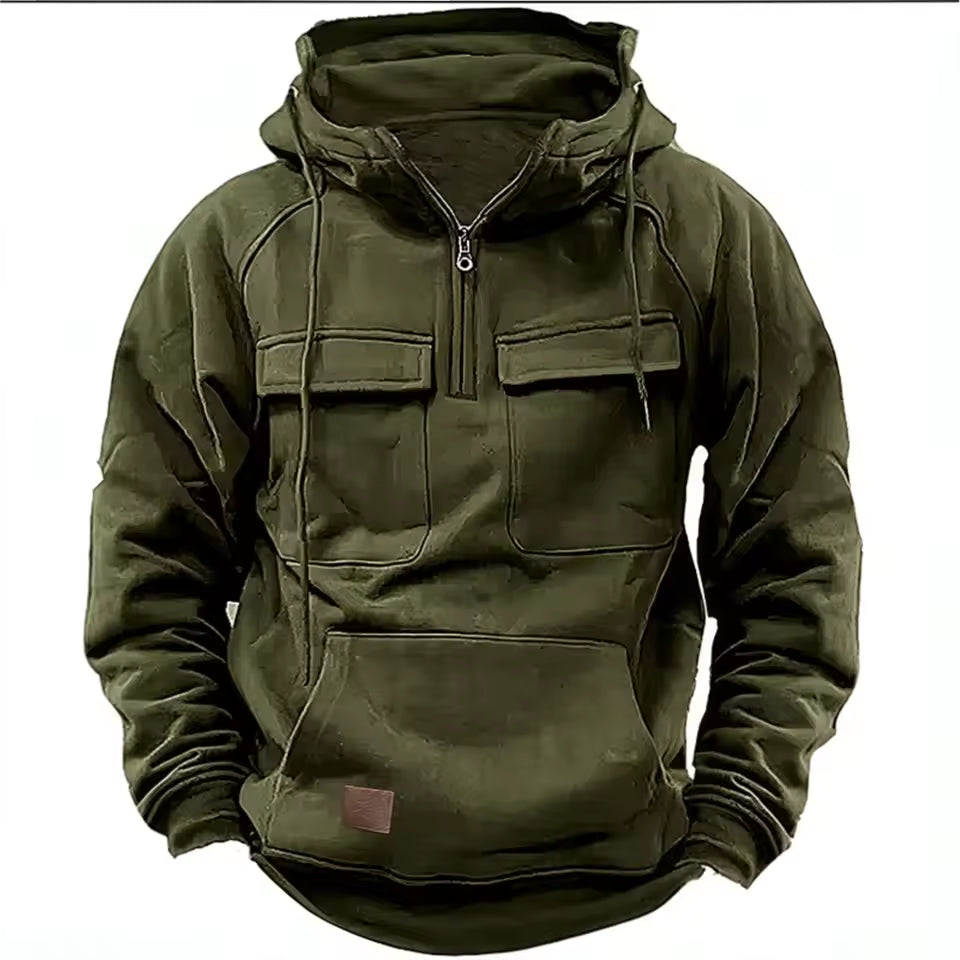 Men’s Hooded Jacket – Relaxed Fit – Leather – Flap Pockets – Zip Front